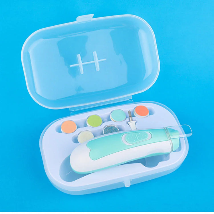 Electric nail care kit in a blue case with six colorful filing attachments, white and mint green body