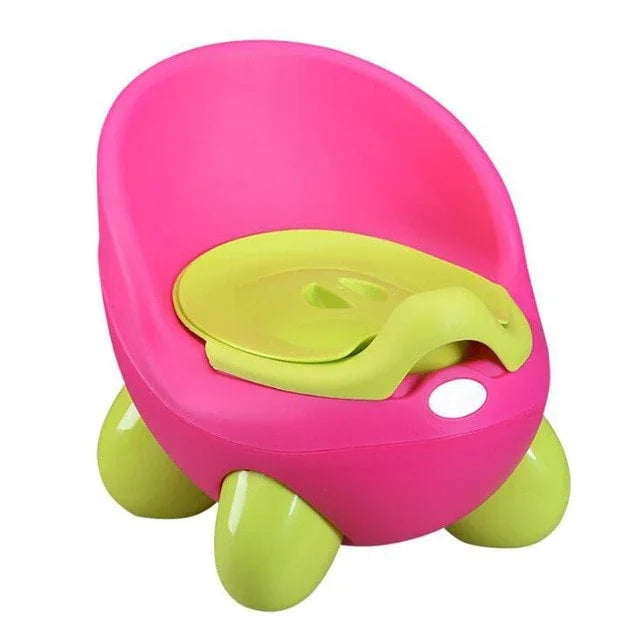 Pink and green plastic potty chair with a removable seat and rounded design