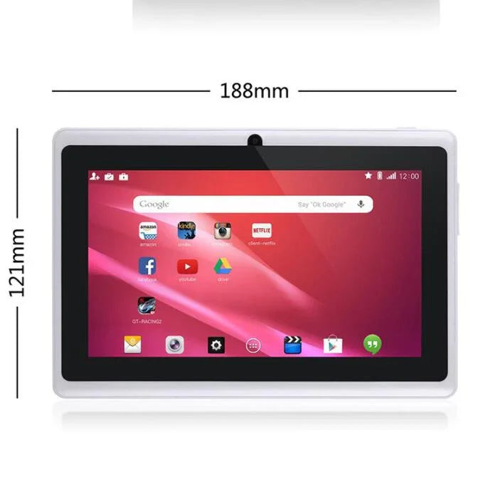 White rectangular tablet with black screen, 188mm by 121mm, red app-filled display.