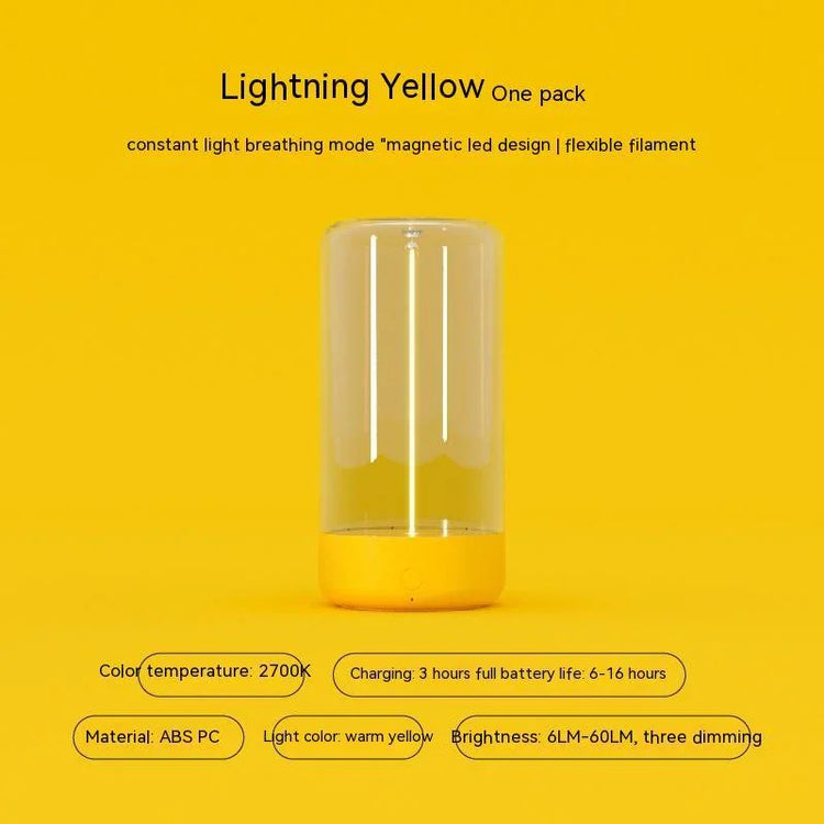 Lightning yellow LED light with warm yellow glow, cylindrical ABS PC body on yellow background