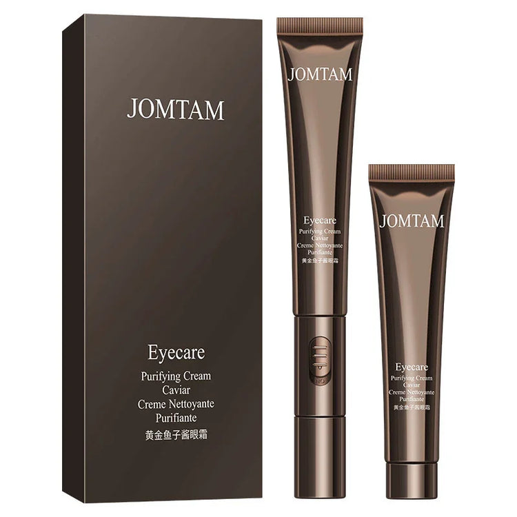 Brown eyecare purifying cream tubes with matching box, sleek metallic finish, modern style.