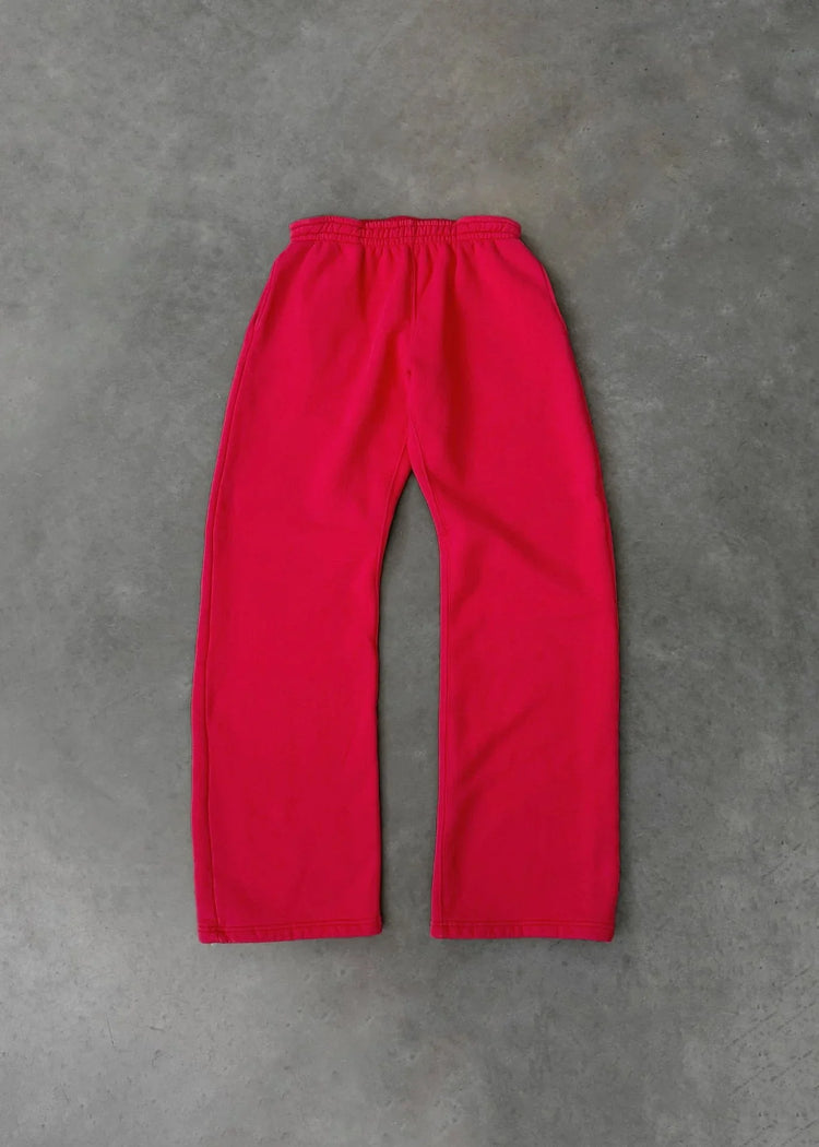 Bright red straight-leg sweatpants with elastic waistband, casual fit, soft fabric