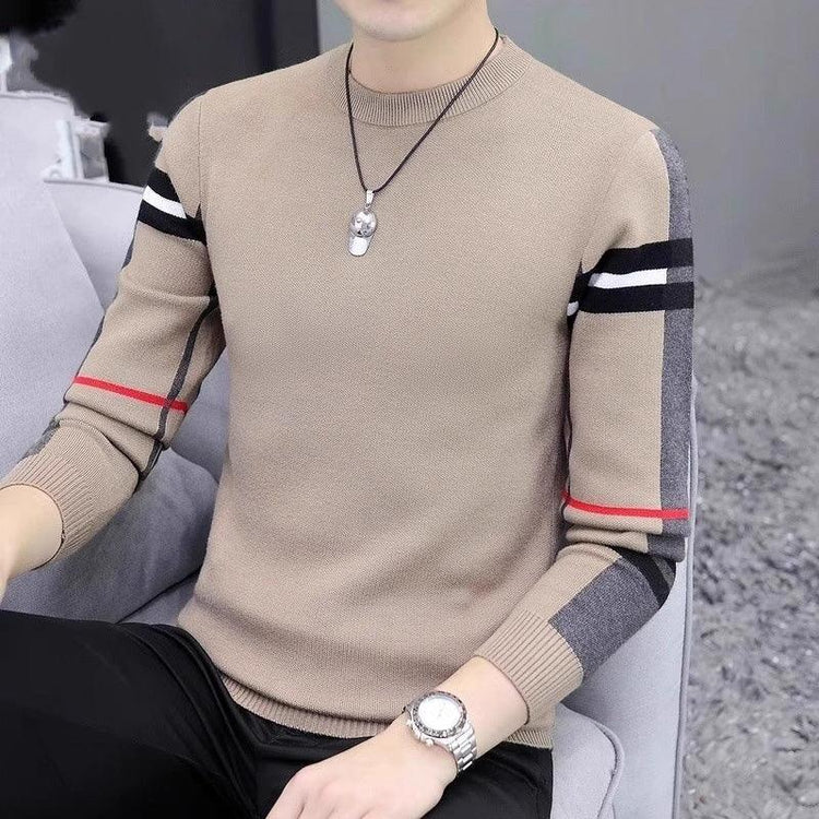 Beige slim-fit knit sweater with black, white, and red striped accents on sleeves.