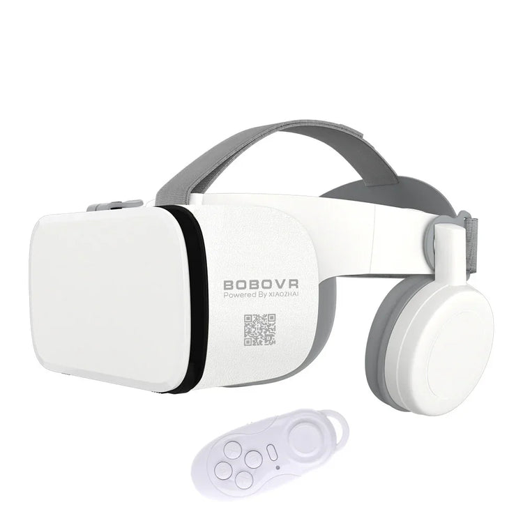 White futuristic VR headset with adjustable gray strap and matching wireless controller