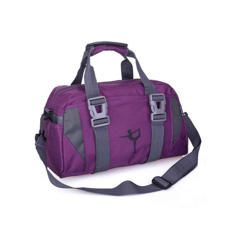 Purple nylon yoga bag with grey straps and yoga pose design