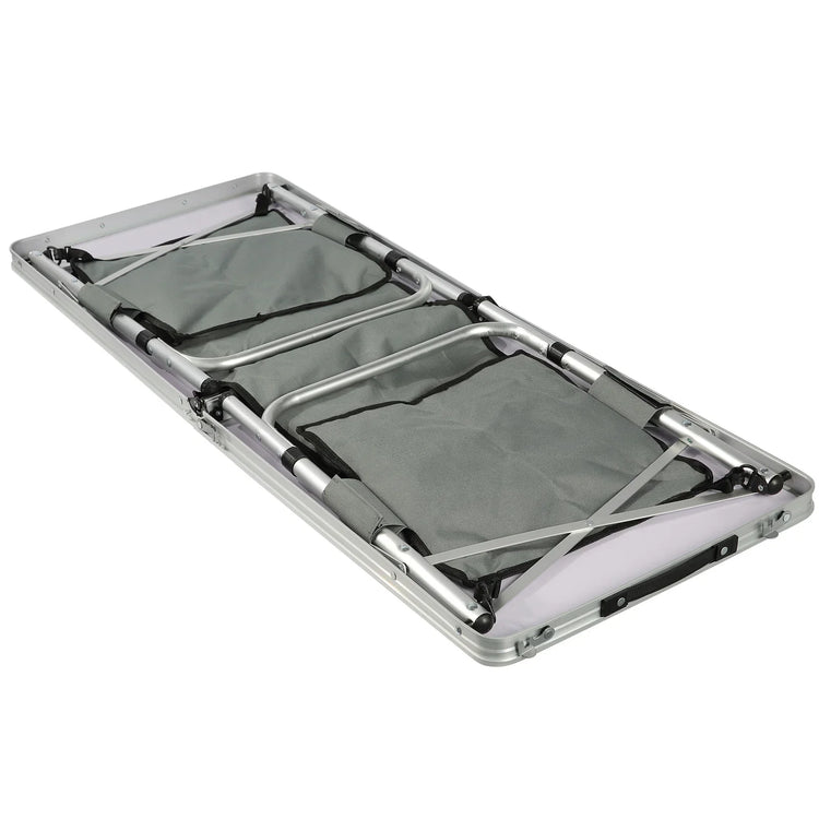 Foldable portable cot with silver aluminum frame and grey fabric, compact design for easy transport