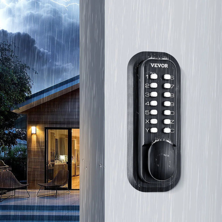 Black waterproof mechanical keypad door lock on an exterior wall during heavy rain