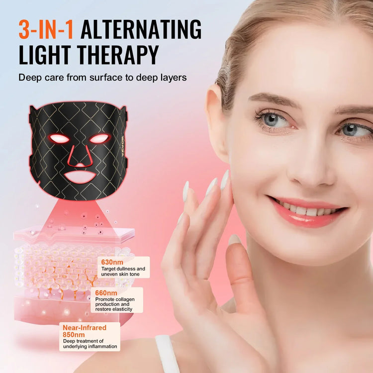 Woman with clear skin beside a black LED light therapy mask, featuring 3-in-1 alternating red light technology for skin rejuvenation and collagen boosting.