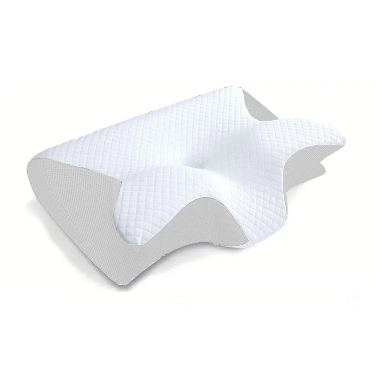 White ergonomic memory foam pillow with quilted texture and contoured shape