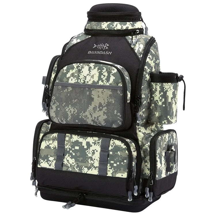 Digital camo backpack with multiple zippered pockets, mesh panel, and cup holder, durable fabric