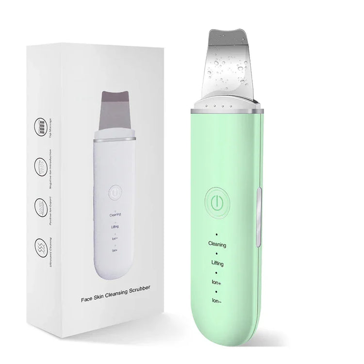 Mint green face skin cleansing scrubber with silicone body and metal spatula, shown with packaging