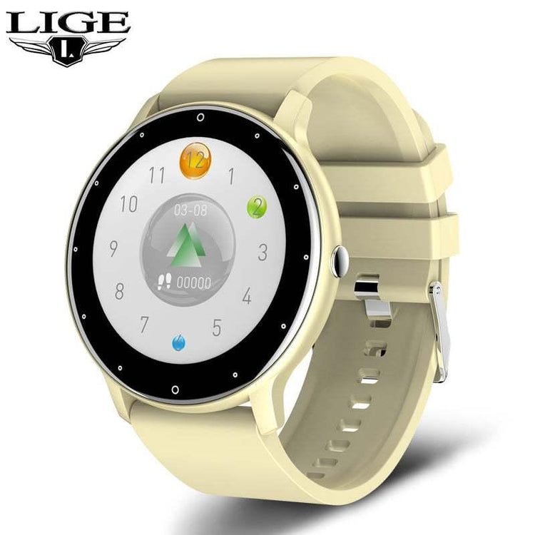 Beige round smartwatch with silicone strap, modern digital display, and fitness tracking features