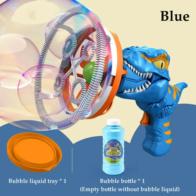 Blue dinosaur-shaped bubble gun with large bubble wheel, includes orange tray and empty bottle.