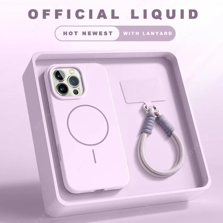 Light purple silicone iPhone case with MagSafe and matching lanyard in gift box