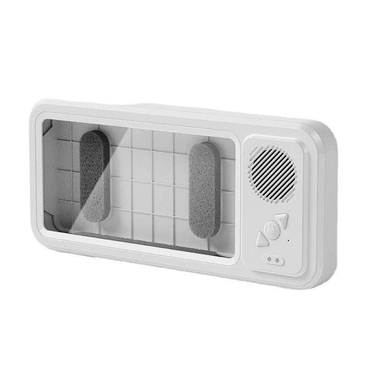 Minimalist white tech gadget with grid panel, speaker grill, and control buttons, modern design