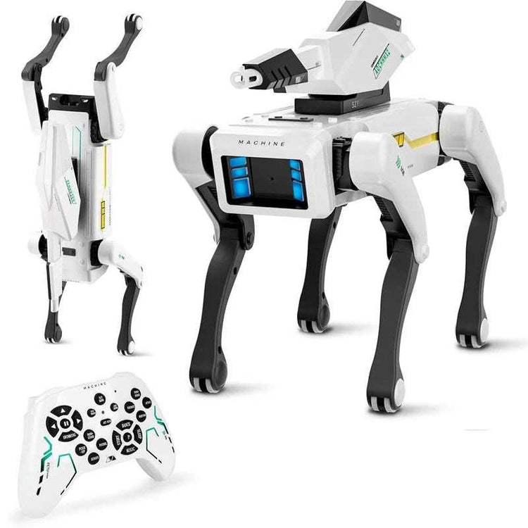 White and black robotic dog toy with blue LED face and remote control, futuristic design