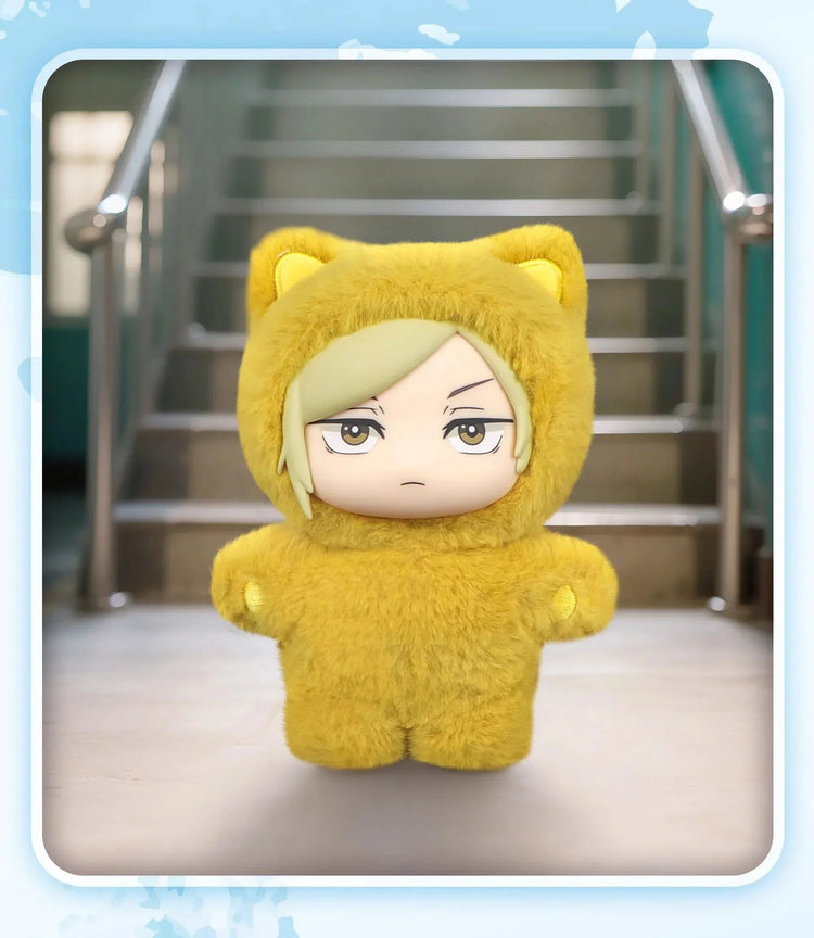 Plush doll in a yellow fuzzy onesie with animal ears, relaxed fit, cartoon style.