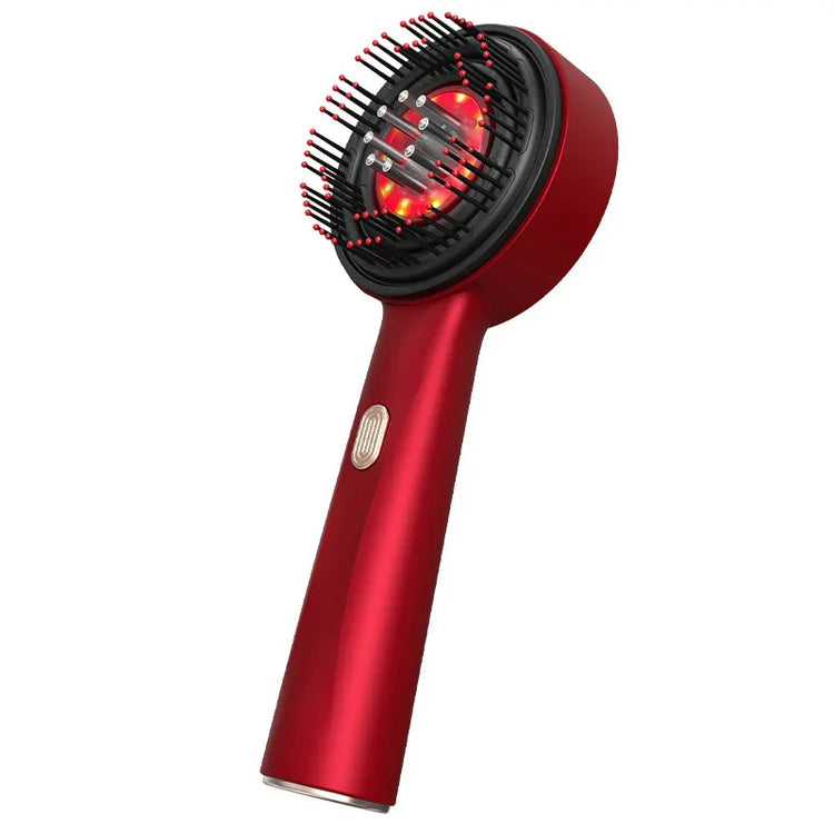 Red handheld electric scalp massager with LED lights and flexible bristle tips