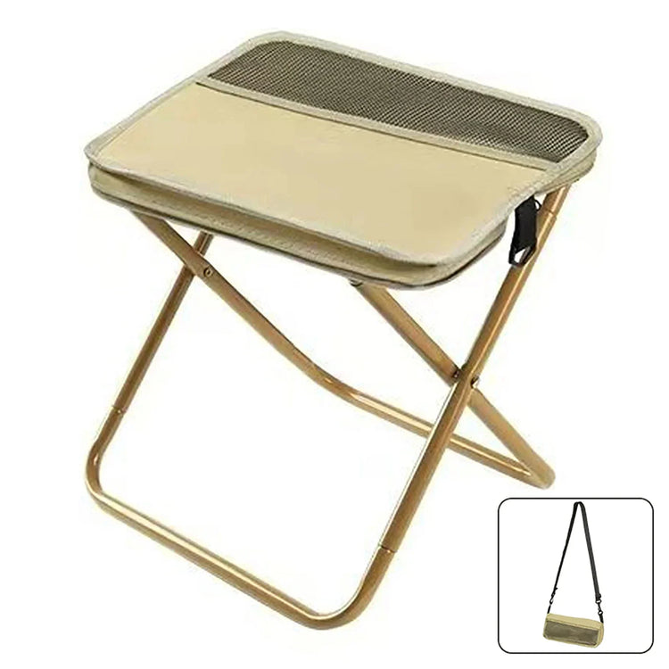 Beige foldable camping stool with lightweight metal frame and mesh top, portable design