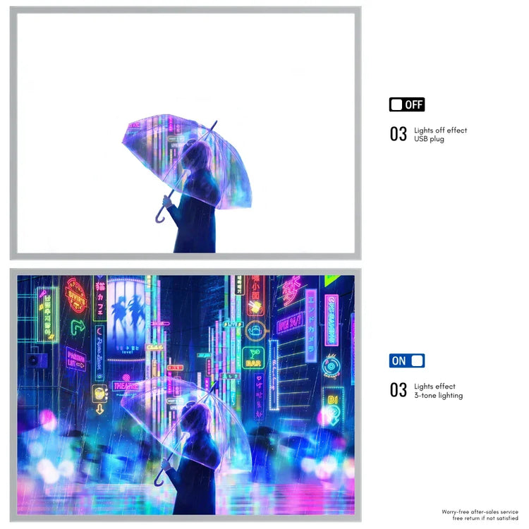 Person in loose-fit dark streetwear holding a transparent umbrella, with neon city lights background and futuristic design.