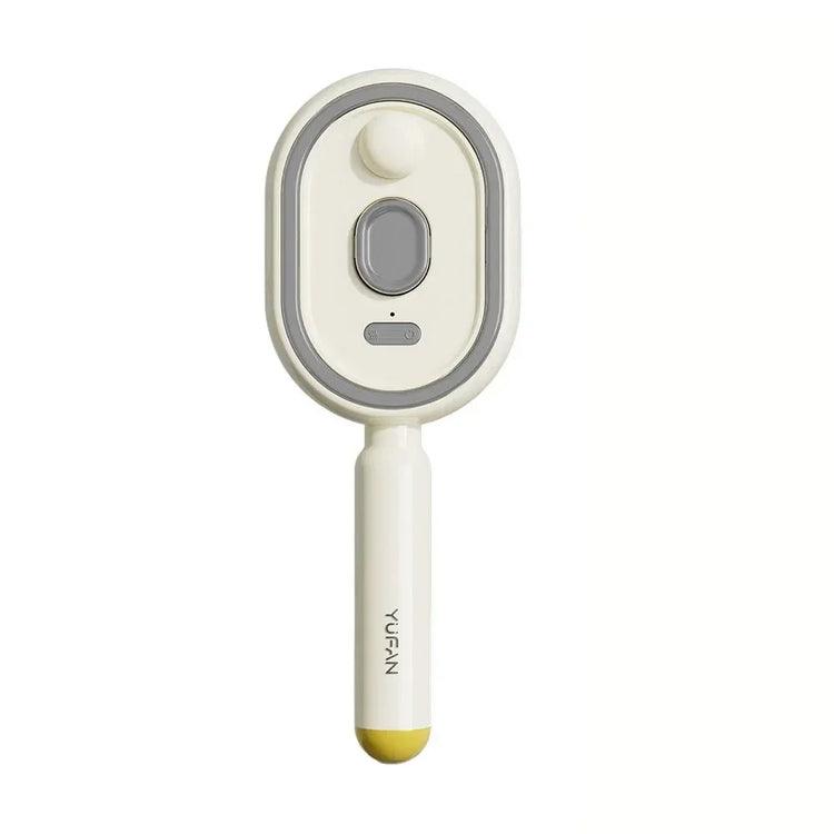 Cream and yellow electronic handheld device with ergonomic handle and circular button, modern design
