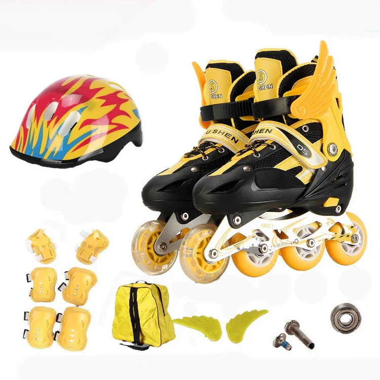Yellow and black inline skates set with helmet, protective pads, and accessories.