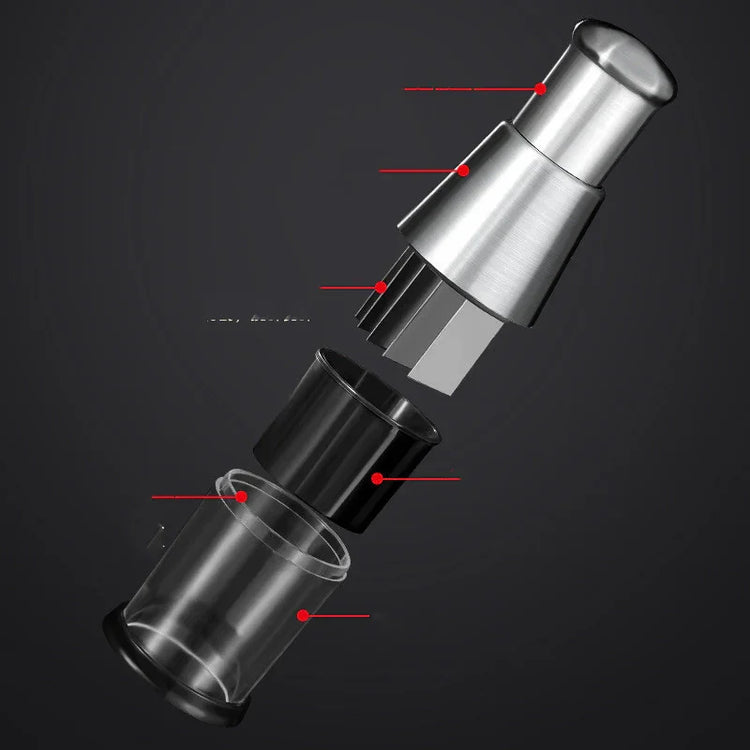 Exploded view of a metal and glass gadget with brushed stainless steel and transparent parts