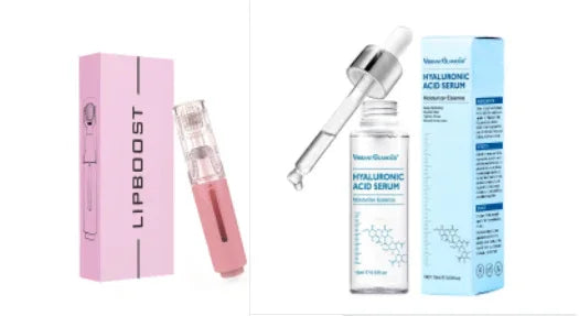 Pink lip care product and blue hyaluronic acid serum set with packaging, skincare essentials