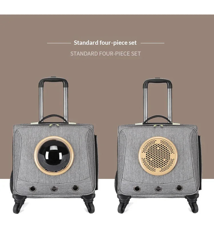 Gray rolling pet carrier with telescopic handle, mesh ventilation panel, and bubble window design