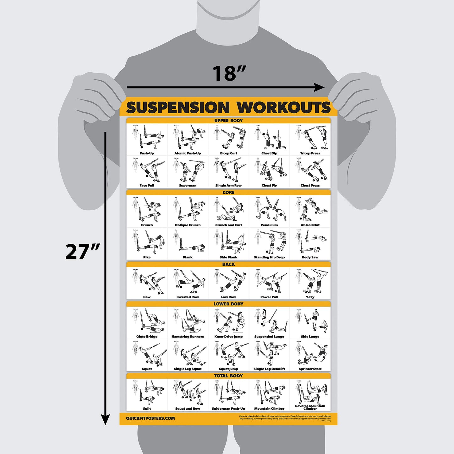 10 Pack - Exercise Workout Poster Set - Suspension Volume 1 & 2, Dumbbell, Kettlebell, Resistance Bands, Stretching, Bodyweight, Barbell, Yoga Poses, Exercise Ball (PAPER - NOT LAMINATED 18" x 24")