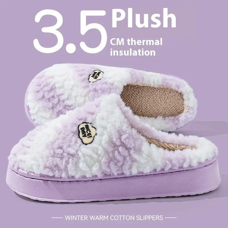Plush mauve and white winter warm cotton slippers with thick sole and fluffy texture