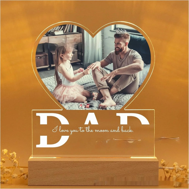 Custom acrylic photo plaque with heart shape, dad and daughter, beige tones, tabletop display