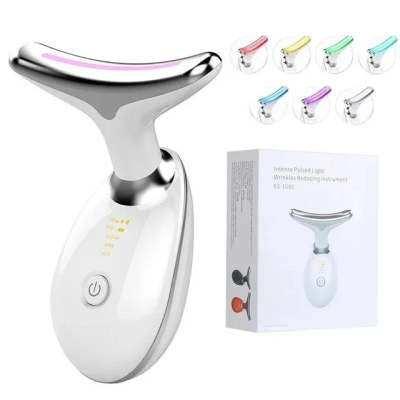 White handheld facial massager with colored LED light settings, shown with product box.