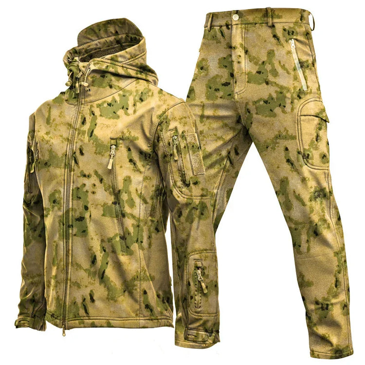 Camo softshell jacket and pants set, zip pockets, lightweight fabric, relaxed fit