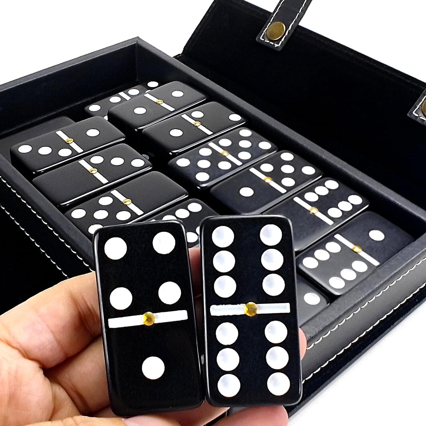 Bucher&Rossini Dominoes Set Double 6 - Claasic Black Domino's Game Set with Metal Surface for Adults and Kids Idea Gift Present for Domino Players or Family Game Night