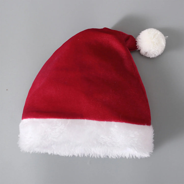 Red velvet Santa hat with white faux fur trim and pom pom, festive winter accessory