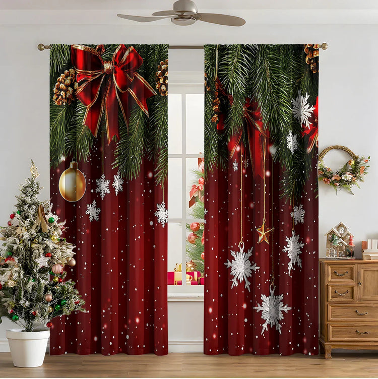 Red Christmas curtains with pine branches, ribbon bows, snowflakes, and gold ornaments