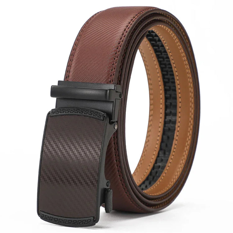 Brown leather belt with textured surface and black carbon fiber style automatic buckle
