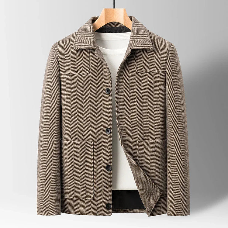 Brown herringbone wool jacket with button front, classic collar, and relaxed fit