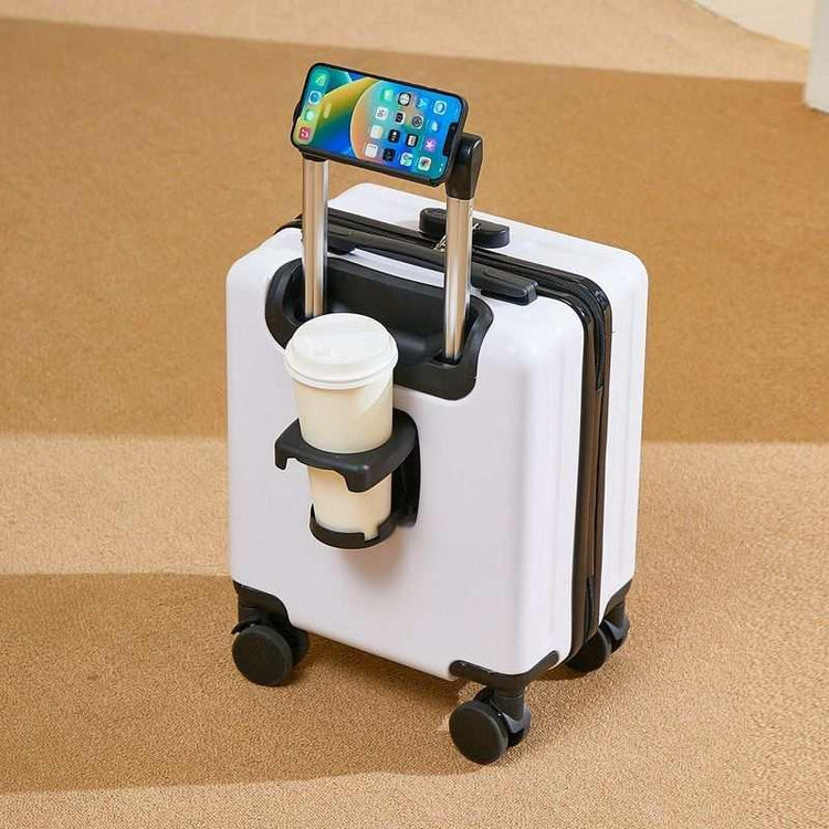 White hard shell carry-on suitcase with phone and cup holder, modern travel accessory