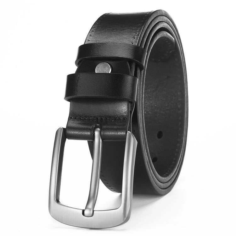 Black leather belt with silver buckle, classic style, smooth finish, unisex fit