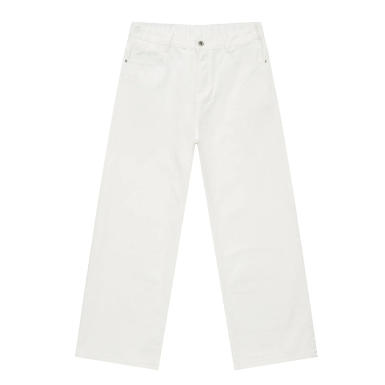 White wide-leg cotton pants with straight fit and classic five-pocket design