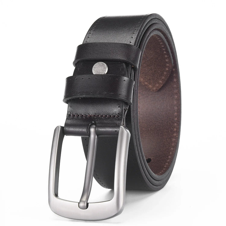 Classic black leather belt with silver buckle, smooth finish, and modern streetwear style