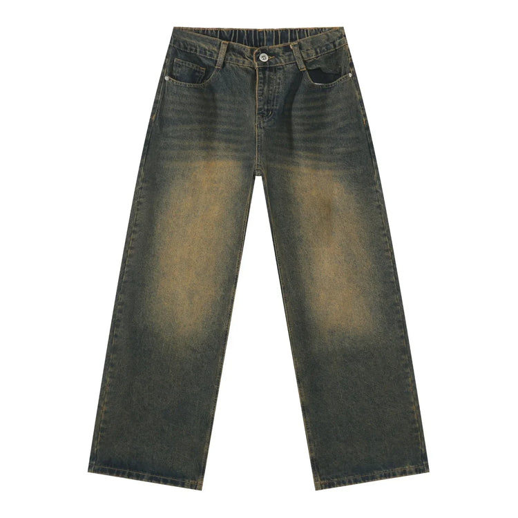 Wide leg vintage wash jeans with faded effect, straight fit, cotton denim