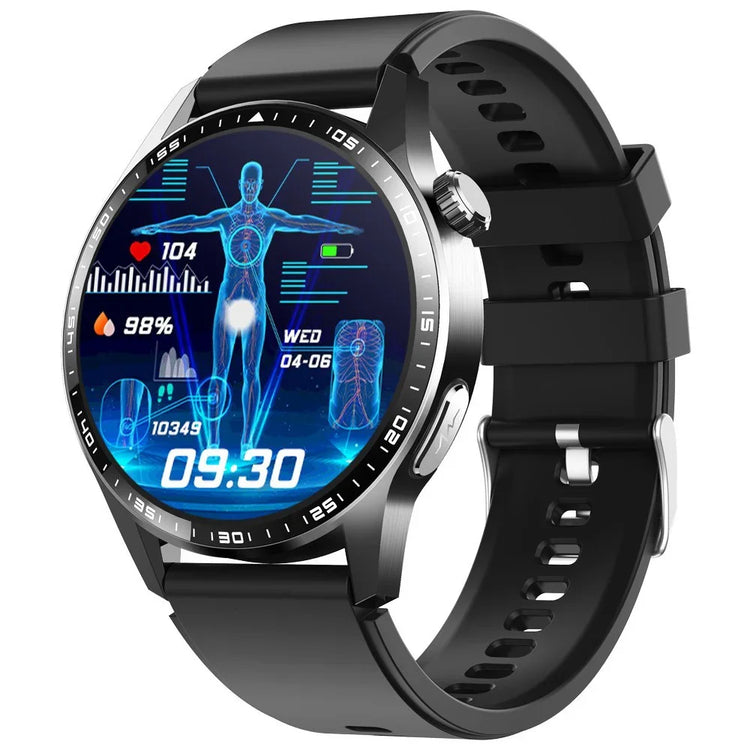 Black silicone strap smartwatch with round face, digital health tracking display