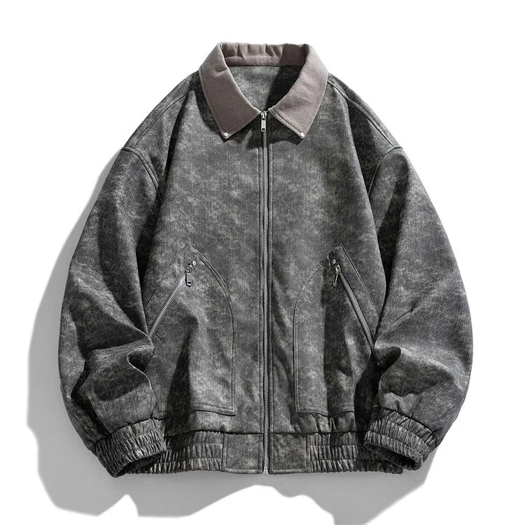 Oversized gray washed bomber jacket with zip closure, elastic cuffs, and side zip pockets.