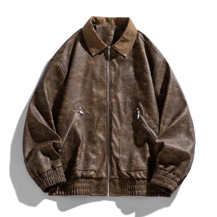 Brown vintage-style bomber jacket with zippered pockets, relaxed fit, and textured material