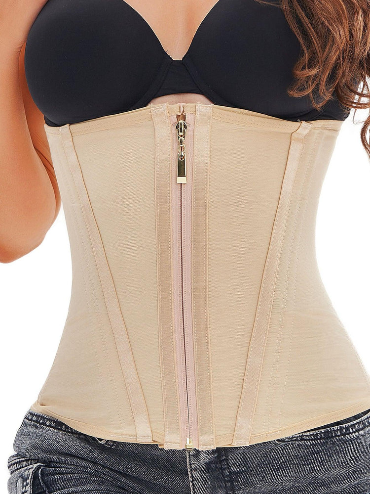 Beige waist trainer corset with front zipper, fitted style, worn with black bra and jeans