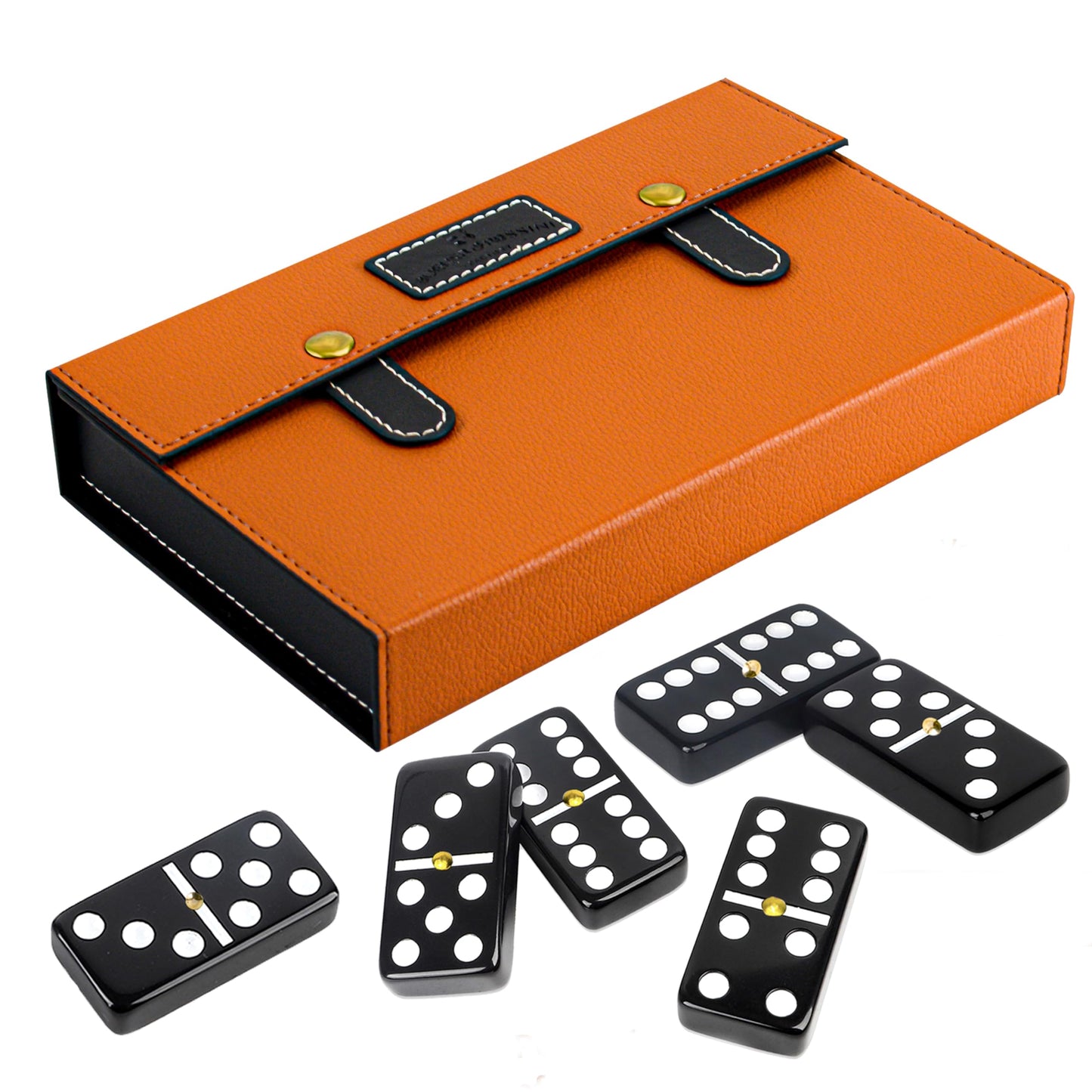 Bucher&Rossini Dominoes Set Double 6 - Claasic Black Domino's Game Set with Metal Surface for Adults and Kids Idea Gift Present for Domino Players or Family Game Night