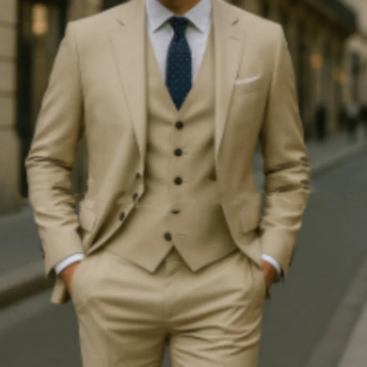 Man in a slim-fit beige suit with matching vest and dress pants, blue polka dot tie